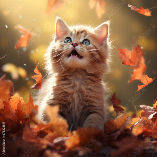 Red kitten rejoices in autumn