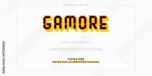 Gamore Pixelate digital alphabet font. Minimal technology typography, Creative urban sport fashion futuristic vector illustration.