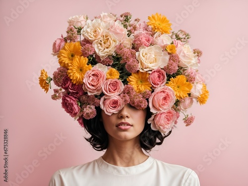 Woman with her head covered with flowers, on pink background photo