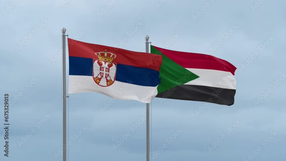 Sudan and Serbia flag waving together on cloudy sky, endless seamless loop, two country cooperation concept Sudan and Serbia flag waving together on cloudy sky, endless seamless loop, two country cooperation concept