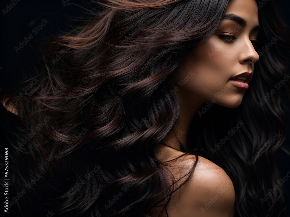 a close-up of a woman with luxurious, flowing dark hair, capturing a sense of movement and shine against a dark background a close-up of a woman with luxurious, flowing dark hair, capturing a sense of movement and shine against a dark background
