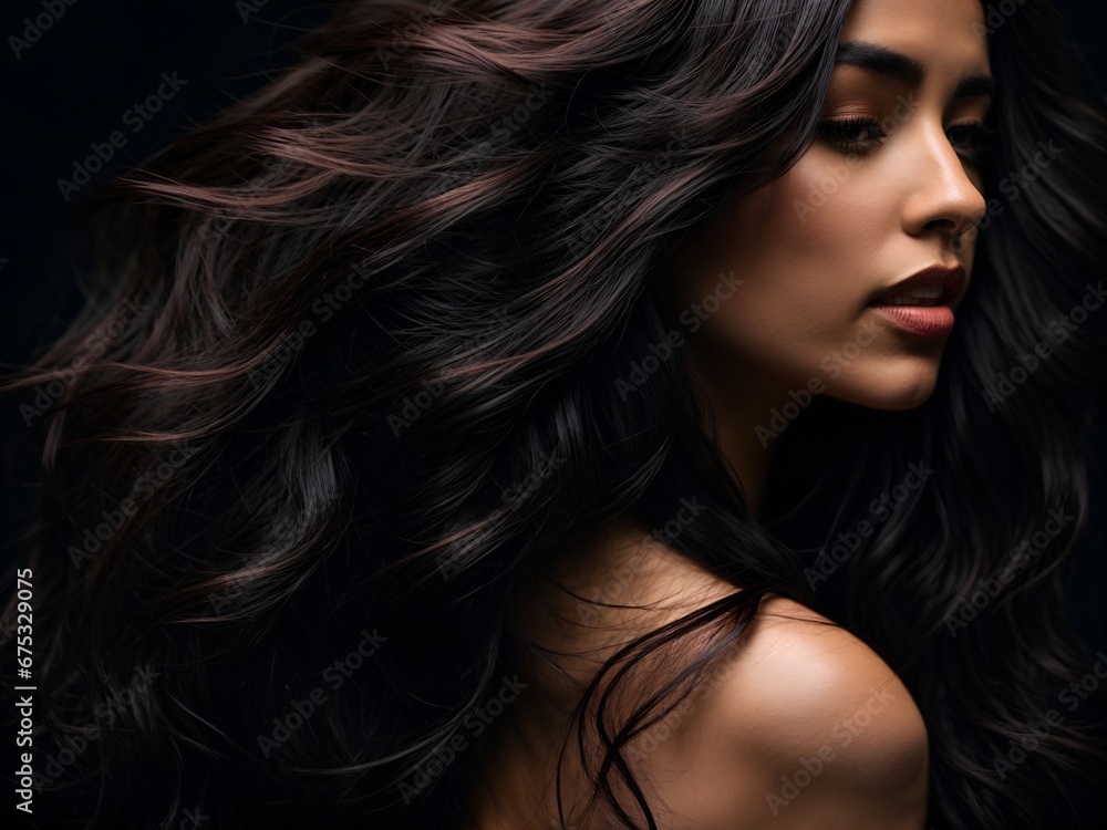 a close-up of a woman with luxurious, flowing dark hair, capturing a sense of movement and shine against a dark background