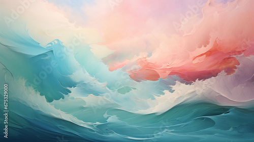 Green blue ocean waves, pink orange sunset, landscape with the evening sea, Oil Painting, pictorial art. Generative AI