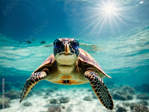 a sea turtle with sunglasses swimming