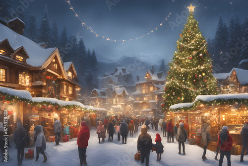 Christmas fair, there is a tall Christmas tree decorated with garlands, various chalets and tents with food, drinks and Christmas souvenirs