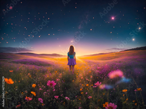 a young girl standing in a vibrant, flower-filled meadow