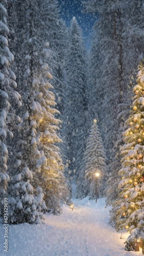 Christmas night in the forest with snow - Snowflakes in winter - Vertical video