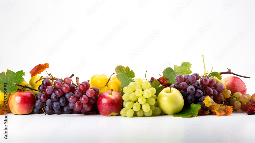 Mixed fruit on white background, space to enter text to write a message. For art texture, presentation design or web design and web background. Generative AI. Mixed fruit on white background, space to enter text to write a message. For art texture, presentation design or web design and web background. Generative AI.