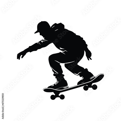 Obraz na płótnie Black silhouette of skateboarder, vector illustration isolated on a white background w salonie