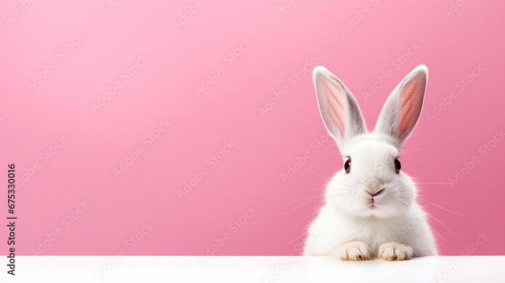 Front view of white cute rabbit standing on pink background. Easter concept. copy space