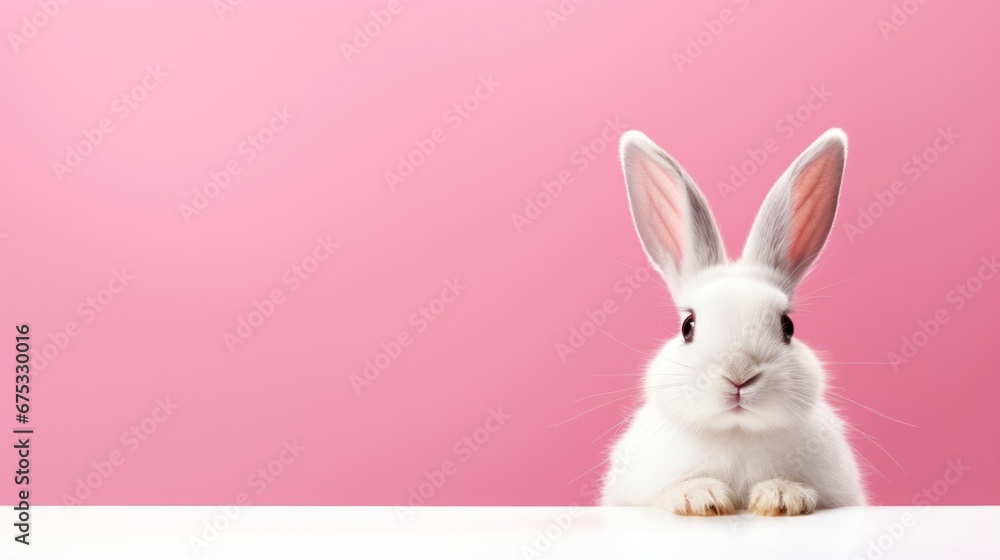 Front view of white cute rabbit standing on pink background. Easter concept. copy space Front view of white cute rabbit standing on pink background. Easter concept. copy space