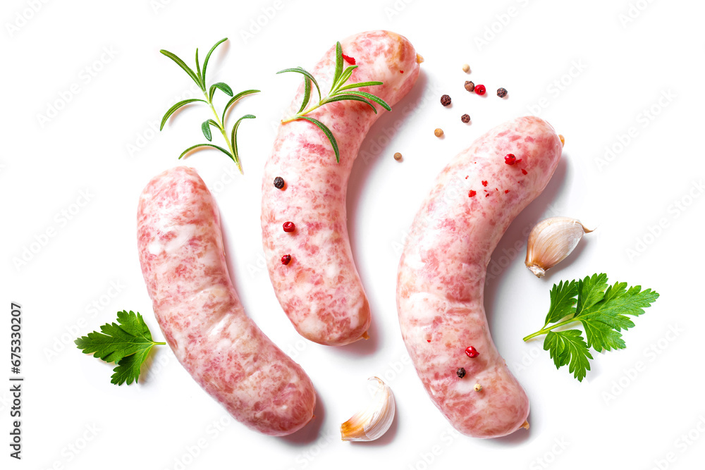 Raw sausages with spices and rosemary - obrazy, fototapety, plakaty 