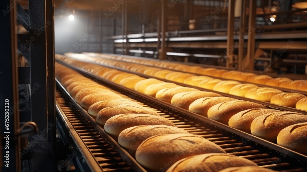 a bread factory where loaves of bread are being transported on a conveyor belt, signifying an automated production process in an industrial setting. - obrazy, fototapety, plakaty 