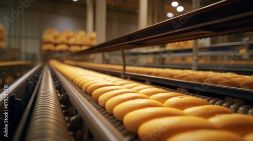 a bread factory with rows of freshly baked bread on a conveyor belt, moving through various stages of the production process under the warm glow of the factory lights.