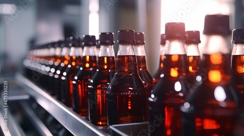 production line in a factory where bottles are being filled with a cola soft drink  signifying an automated manufacturing process in an industrial setting.Background