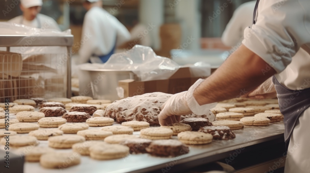 group of workers in a bakery, preparing cookies with various kitchen tools and equipment in a professional setting.