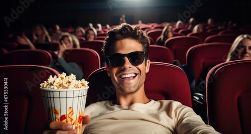 Joven contento en una sala de cine sentado con palomitas en la mano y gafas 3d puestas photo