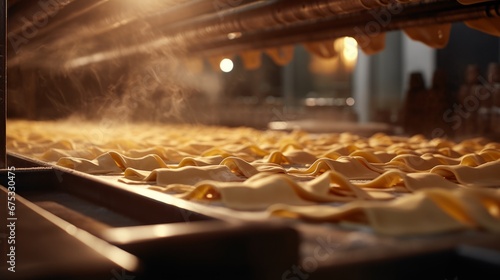 a production line of freshly made dumplings in a factory. The dumplings, steaming and appearing freshly made, are being transported by a conveyor belt.Background