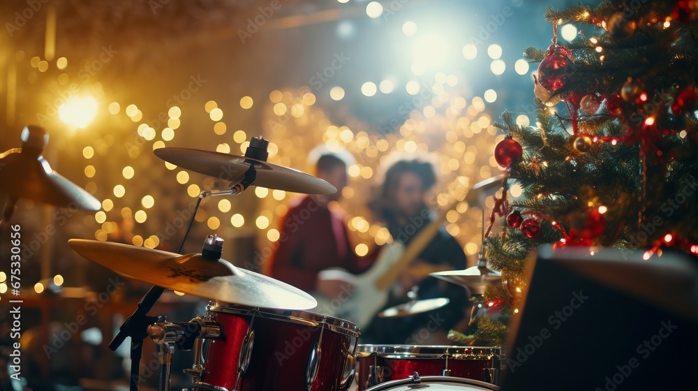 festive Christmas scene with a band performing in front of a beautifully decorated tree, creating a lively and cheerful holiday atmosphere. - obrazy, fototapety, plakaty 
