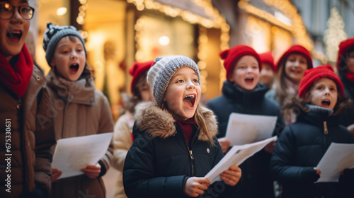 a group of people caroling during Christmas, creating a festive and joyful atmosphere with their music and camaraderie.