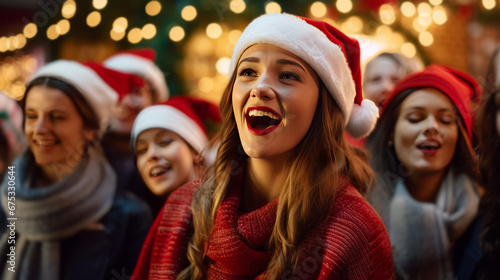 a group of people joyfully celebrating Christmas, wearing Santa hats and warm clothes, with a festive atmosphere created by blurred bokeh lights.