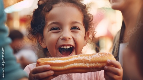 a cheerful child at a fair  holding a large  salt-covered pretzel  with a festive atmosphere and colorful booths in the background.