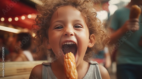 a joyful moment of a child enjoying a pretzel at a carnival during the Christmas season  embodying the festive spirit and happiness.