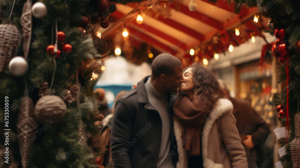 a romantic Christmas moment with a couple at a festive market, surrounded by beautiful decorations and a joyful holiday atmosphere.
