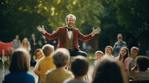  a man in a red jacket and gold vest, entertaining a group of children in a park. It’s a joyful scene, but it doesn’t specifically represent Christmas.