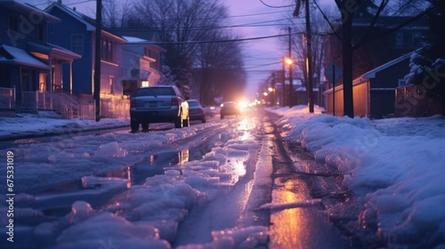 Twilight Glow on Snowy Suburban Street in Winter Evening photo
