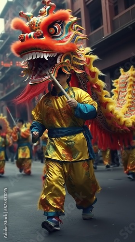 Chinese Dragon New Year dance performance in street. AI Generated.