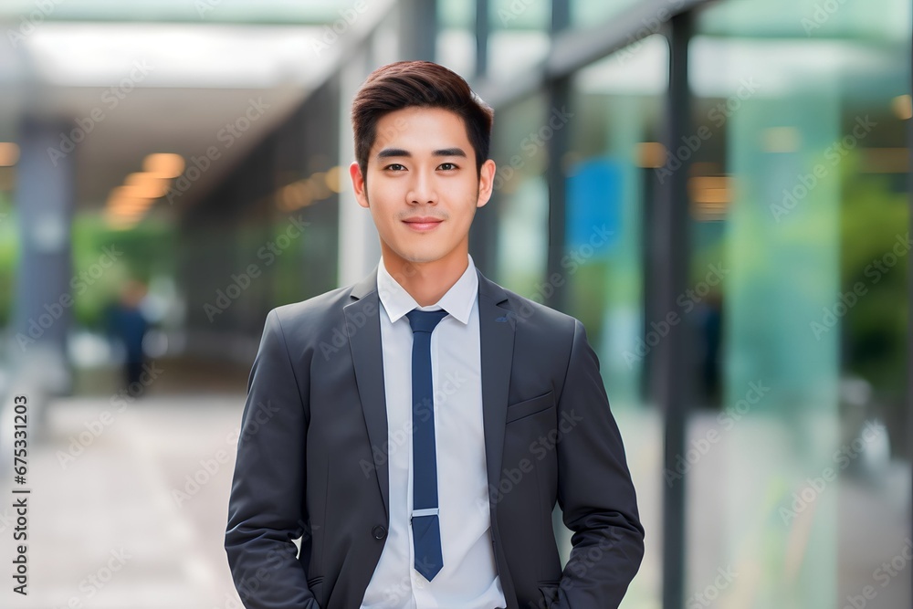 Portrait closeup of Asian businessman standing at outdoor city Portrait closeup of Asian businessman standing at outdoor city
