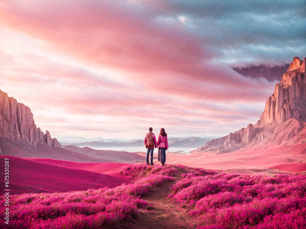 Couple in love in fantasy pink nature landscape