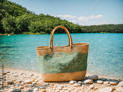 A woven straw beach bag sits on the pebbled shore, with the clear blue water of a lake