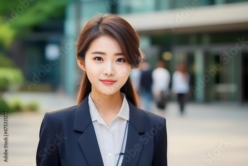 Portrait closeup of beautiful Asian businesswoman standing at outdoor city