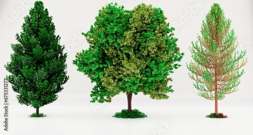 3D Trees Isolated on white Background Collection of green tree side view isolated on white background