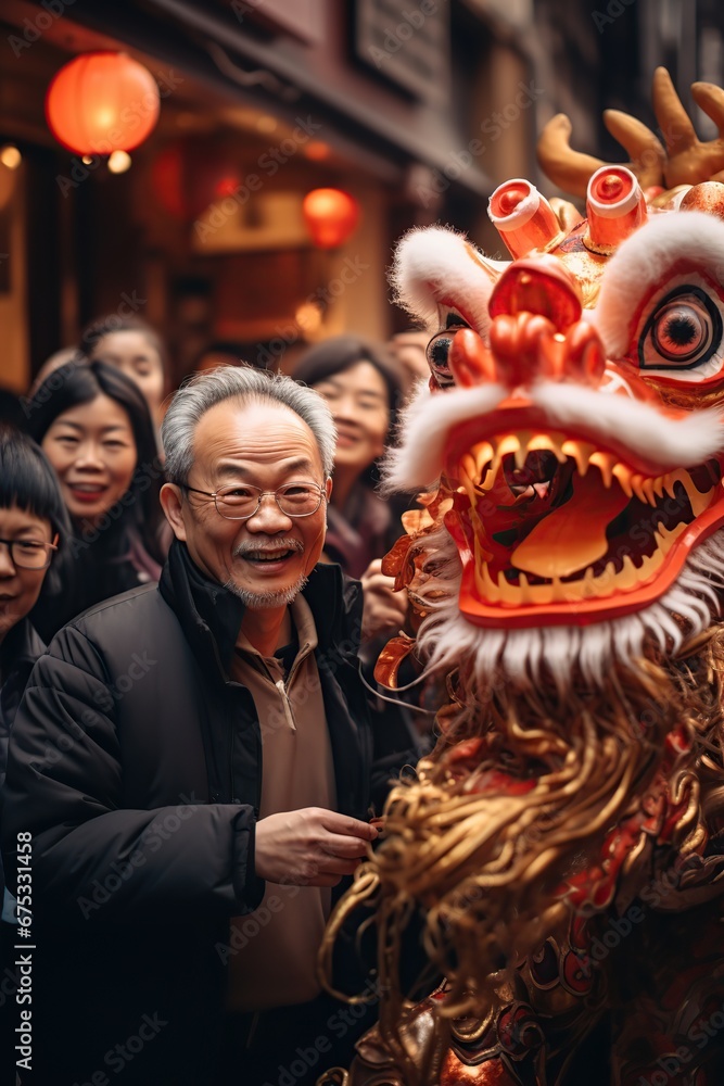 Asian senior man taking selfie for Chinese Dragon New Year. AI Generated.