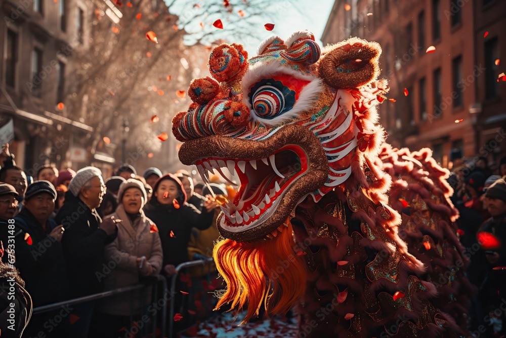 Celebrating Chinese Dragon New Year in street. AI Generated.