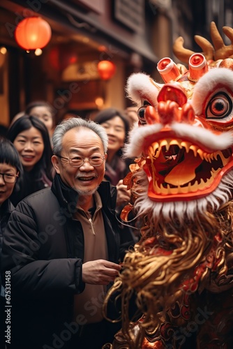Asian senior man taking selfie for Chinese Dragon New Year. AI Generated.