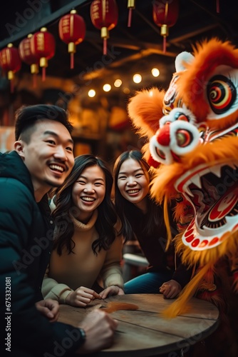 Friends taking selfie for Chinese Dragon New Year. AI Generated.