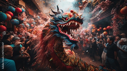 Dragon dance performance, Chinese New Year public event. AI Generated. © Marcela Ruty Romero