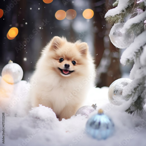 Smiling pomeranian under the Christmas tree © Fotostockerspb