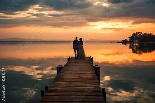 Romantic couple sitting on a wooden jetty in the lake at sunset