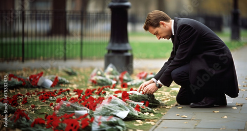Hombre dejando rosas en suelo en ofrenda en un entierro o funeral sintiendo luto y duelo photo