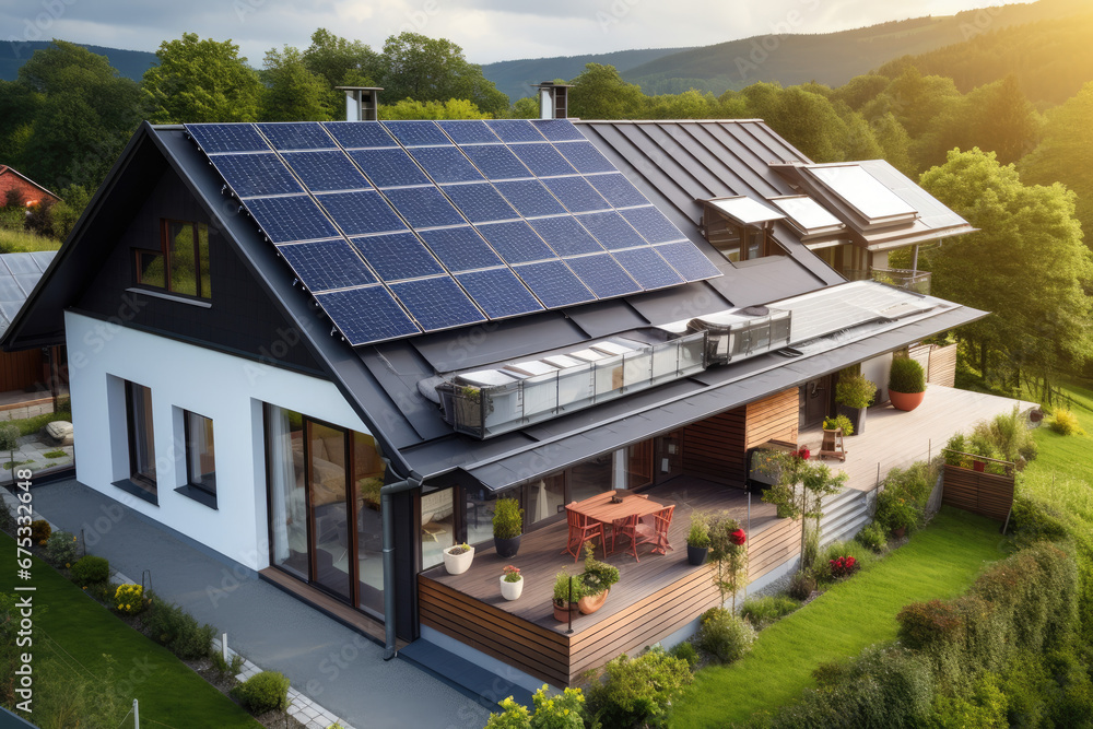 high view of Solar panels on the gable roof of a beautiful modern home, with grass lawn