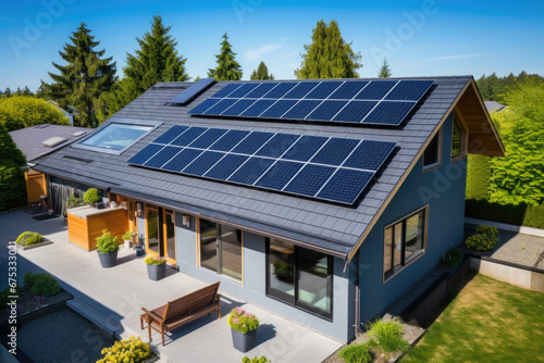 high view of Solar panels on the gable roof of a beautiful modern home, with grass lawn