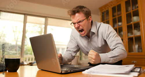 Hombre Estresado frustrado apretando los puños utilizando el ordenador photo