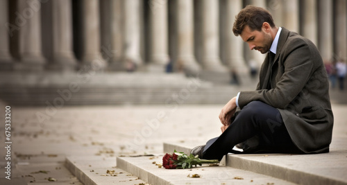 Hombre Triste de luto sentado en el suelo  photo