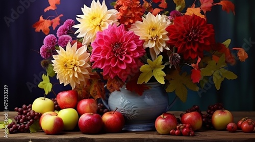 Autumn still life with garden flowers. Beautiful autumnal bouquet in vase, apples and berries on wooden table. Colorful dahlia and chrysanthemum.