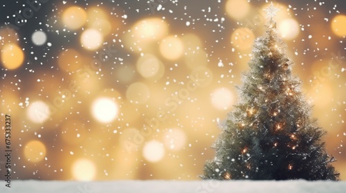 Snowy Christmas Tree Lights Bokeh: Festive Outdoor Holiday Decoration